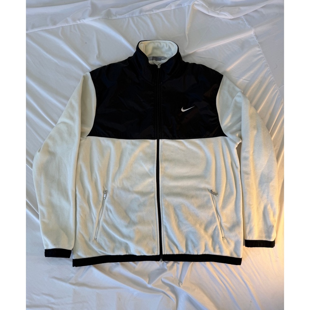 Nike Mens XL Full Zip Fleece Jacket Colorblock Cream Black Mock Neck Swoosh